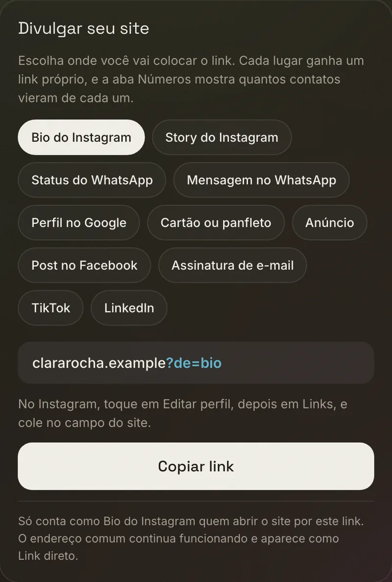 Divulgar seu site: um link pronto para bio, story, WhatsApp, panfleto e outros