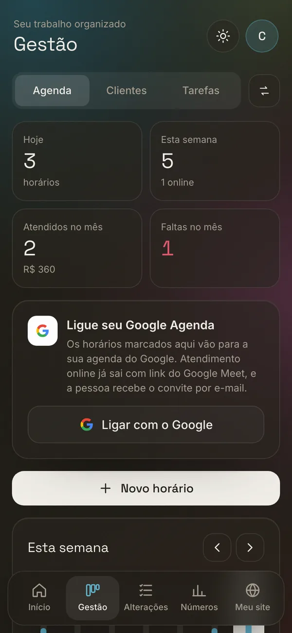 Gestão no celular: horários de hoje, da semana, atendidos e faltas