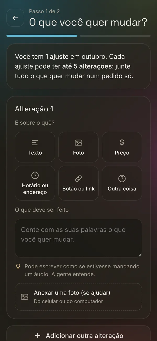 Pedido de mudança no celular: escolher entre texto, foto, preço ou horário e descrever