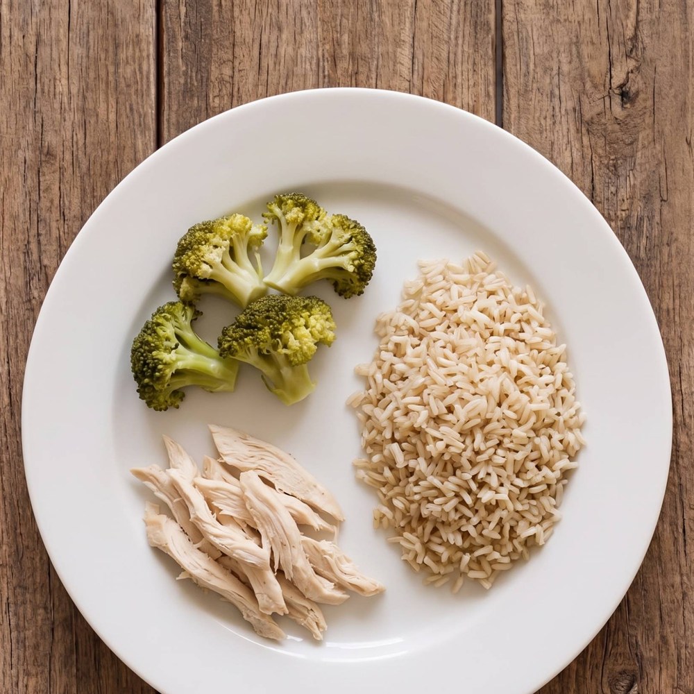 Prato genérico e restritivo: um pouco de arroz, brócolis e frango